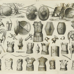 1870 Antique engraving of WEAPONS of ROMAN LEGIONARIES. Roman Empire. Roman Legions. Ancient Rome. Archaeology. 154 years old print.