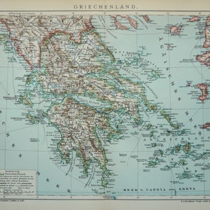 1909 Antike Landkarte von GRIECHENLAND. ATHEN. Ägäisches Meer. Ionisches Meer. 116 Jahre alte Karte.