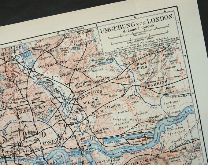 1897 Antique city map of LONDON, ENGLAND. 127 years old town map.