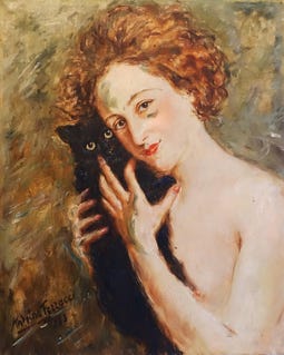 FRENCH OIL PAINTING from 1933. Portrait of a young woman with a black cat. Signed and dated Antoine Ferracci. Art Deco. 1930s European Art. By LaAntiguaArtShop Handpicked by LaAntiguaArtShop Shop owned by LaAntiguaAntiquePrints 5 years on Etsy