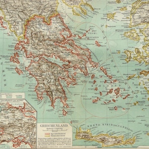 1897 Antike Karte von GRIECHENLAND. ATHEN. Ägäisches Meer. Ionisches Meer. 127 Jahre alte Karte. Antiker Druck.
