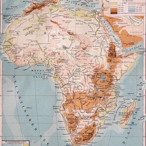 1897 年 アフリカの古代の自然地図、川と山。地質。地理。127 年前の図表。