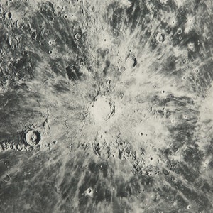 1937 Vintage celestial print of ASTRONOMY: MOON CRATERS. Lunar Craters. Planets. Steampunk. Science Fiction. 87 years old engraving.