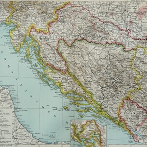1895 Antike Karte von BOSNIEN und MONTENEGRO. BALKAN. Dalmatien. Slovenien. Adriatisches Meer. 129 Jahre alte Lehrtafel. Antiker Druck.