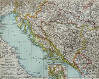 1895 Antique map of BOSNIA and MONTENEGRO. BALKANS. Dalmatia. Slovenia. Adriatic Sea. 131 years old chart. Antique Print.