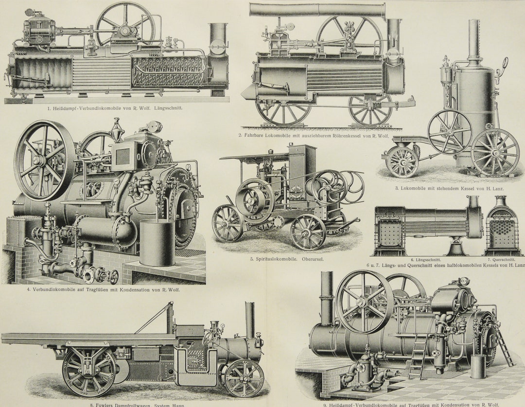 1897 Antique Print of ANCIENT ENGINES. Steam-powered Tractors. Steam ...