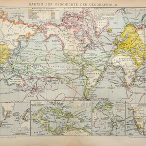 MAPA MUNDIAL Antiguo de 1895 con los Principales Viajes de la Era de los Descubrimientos. Grandes Viajes. Geografía Antigua. Mapa de 129 años de antigüedad.