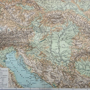1896 Antique physical map of AUSTRIA HUNGARY. Austro Hungarian Empire. Rivers and Mountains. Geology. 128 years old chart.