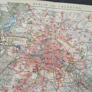 Antieke stadsplattegrond uit 1900 van BERLIJN, DUITSLAND. 124 jaar oude stadsplattegrond.