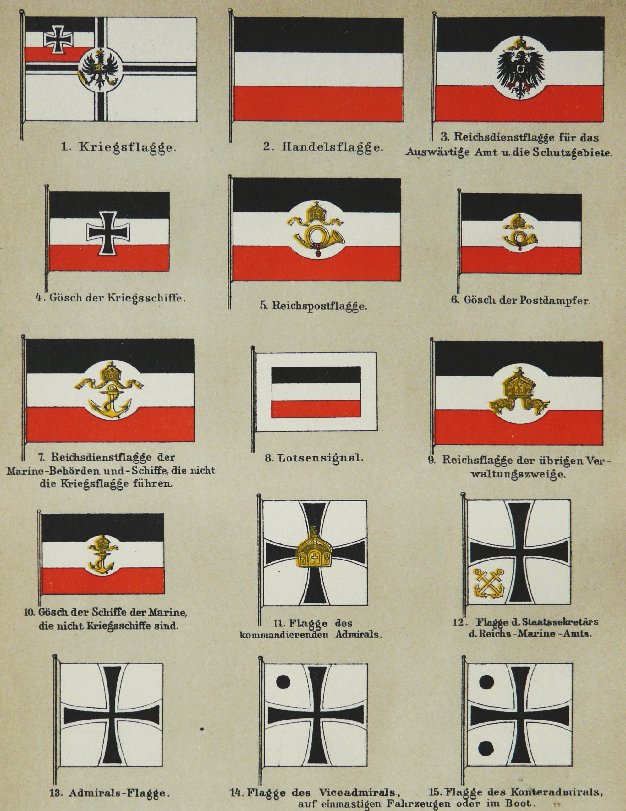1895 Antique Lithograph of GERMAN HISTORIC FLAGS. Flags of