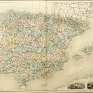 Carte ancienne de l'ESPAGNE et du PORTUGAL de 1892. Madrid. Lisbonne. Géographie vintage. Carte vieille de 132 ans.
