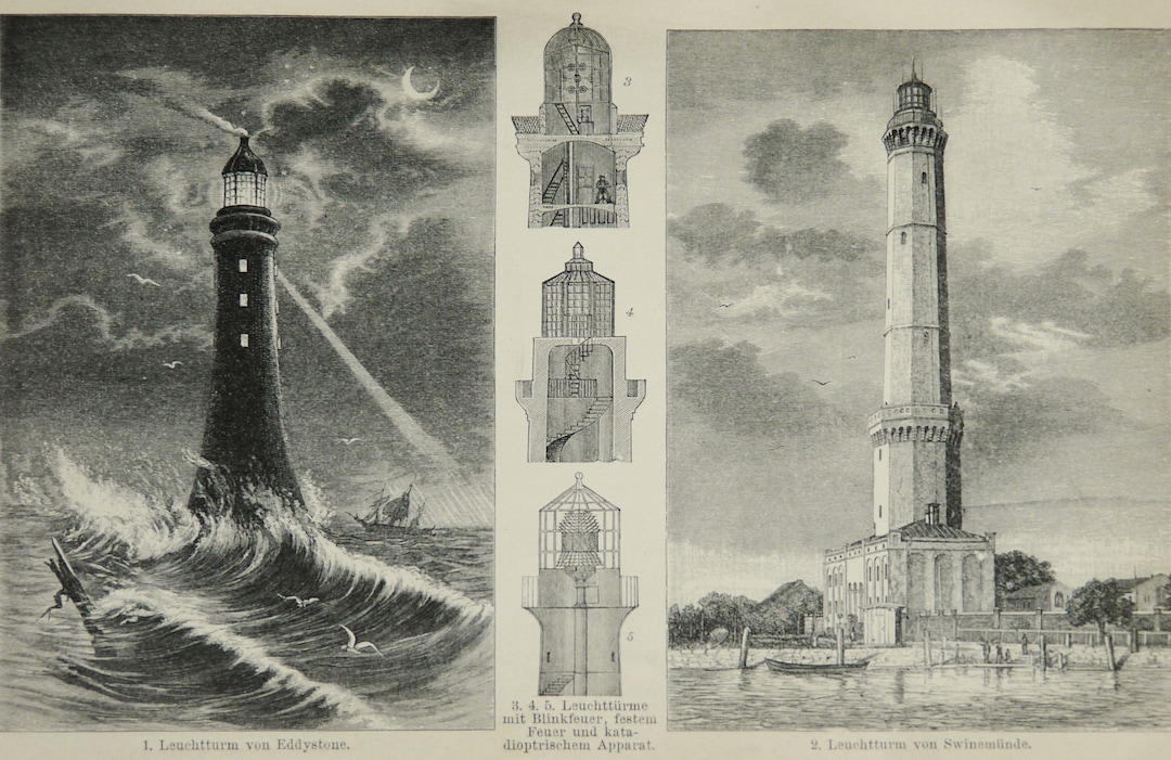 1895 Antique Print of LIGHTHOUSES, Different Types. NAVIGATION ...