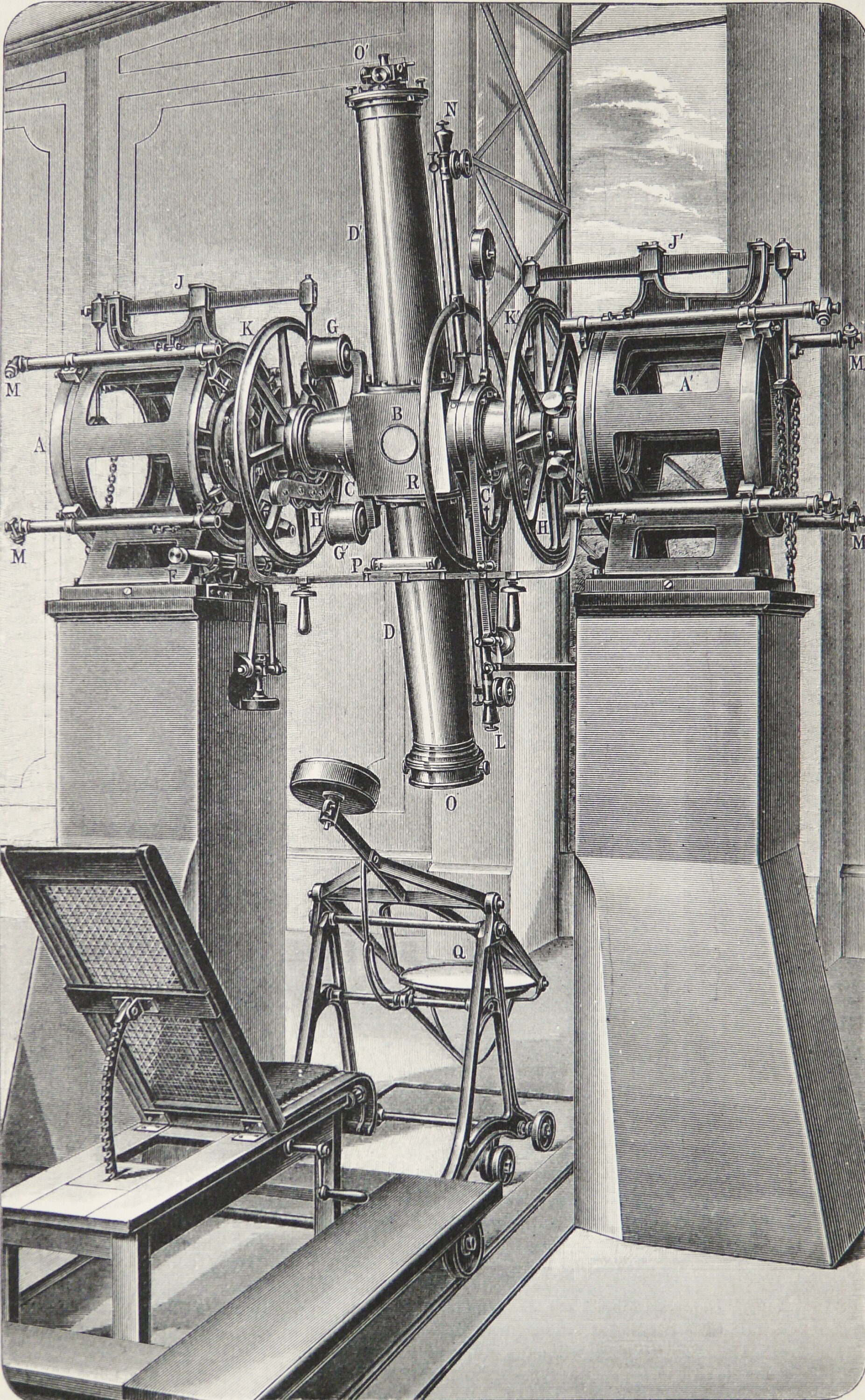 1897 Antique print of an ASTRONOMICAL TELESCOPE. Astronomy. Optics. Optical Apparates. Steampunk Era. Strasbourg. 127 years old engraving.