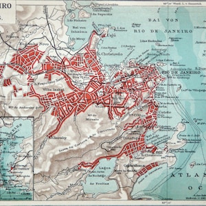 1895 Antique city map of RIO de JANEIRO, BRAZIL. 130 years old town map.