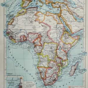 1910 植民地時代のアフリカのアンティーク地図。地理。114 年前の図表。