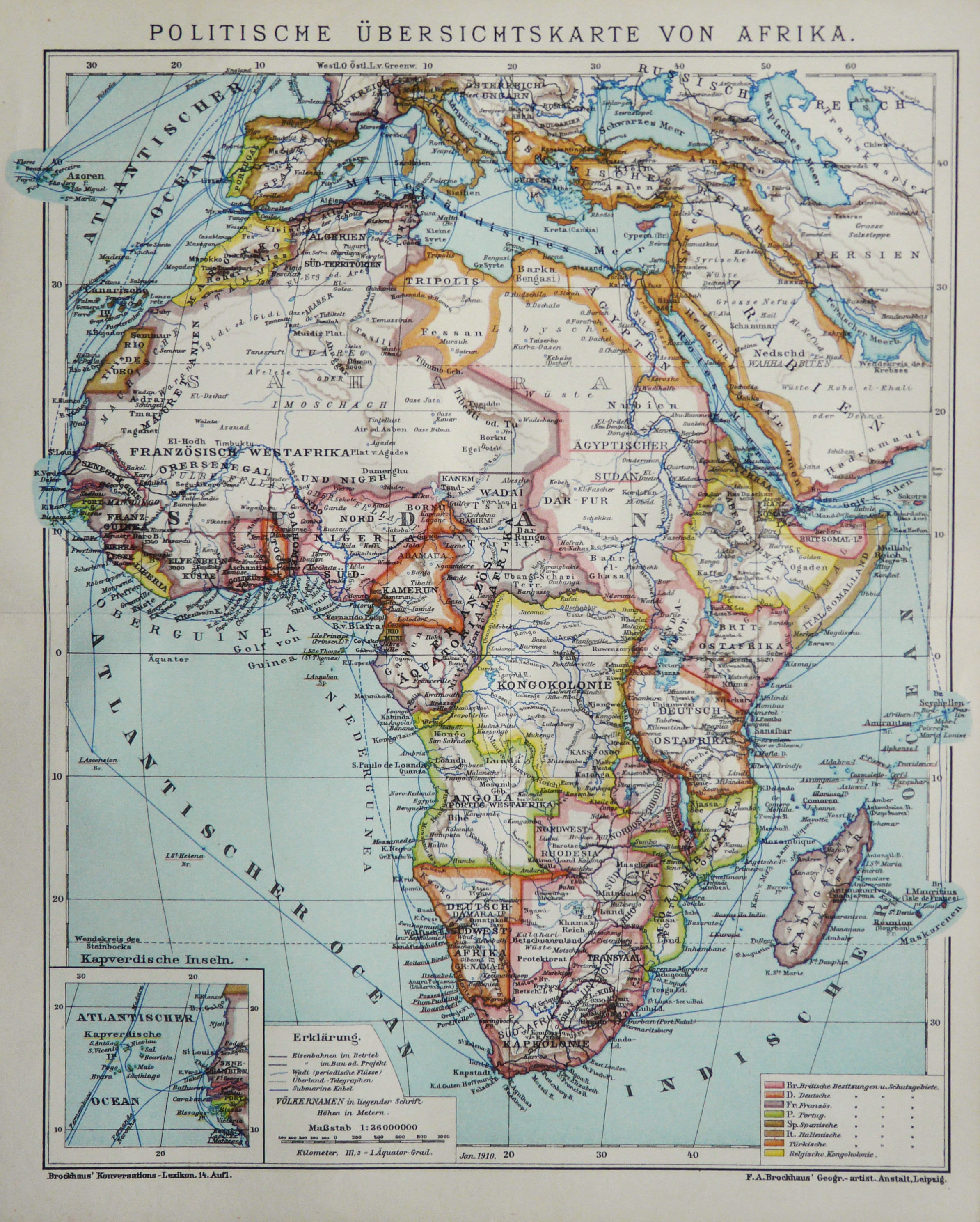 1910 植民地時代のアフリカのアンティーク地図。地理。114 年前の図表