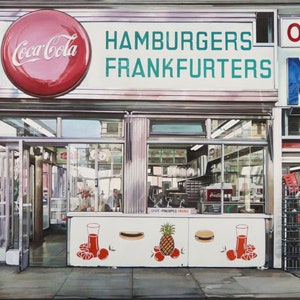 RICHARD ESTES: "Nedick's, 1970". Manifesto originale per il Museo Thyssen-Bornemisza, Madrid. Pop Art. Fotorealismo. Iperrealismo.
