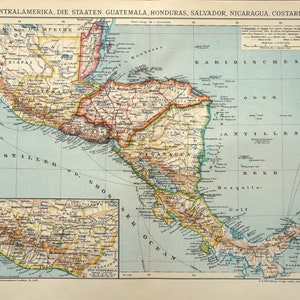 1910 Antike Landkarte von MITTELAMERIKA: Mexiko, El Salvador, Nicaragua, Guatemala, Panamá, Costa Rica, Honduras. 114 Jahre alte Karte.