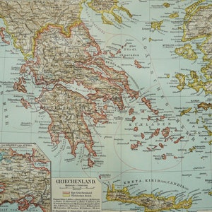 1897 Antike Karte von GRIECHENLAND. ATHEN. Ägäisches Meer. Ionisches Meer. 127 Jahre alte Karte. Antiker Druck.