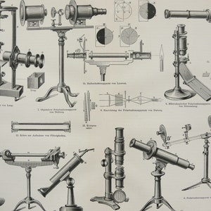 Op de afbeelding: Een zwart-wit technische illustratie met diverse wetenschappelijke optische instrumenten, waaronder polariscopen, microscopen en gespecialiseerde laboratoriumapparatuur. Elk apparaat is voorzien van Duitse tekst en bevat gedetailleerde diagrammen, lenzen, statieven en componenten voor lichtpolarisatie-experimenten.