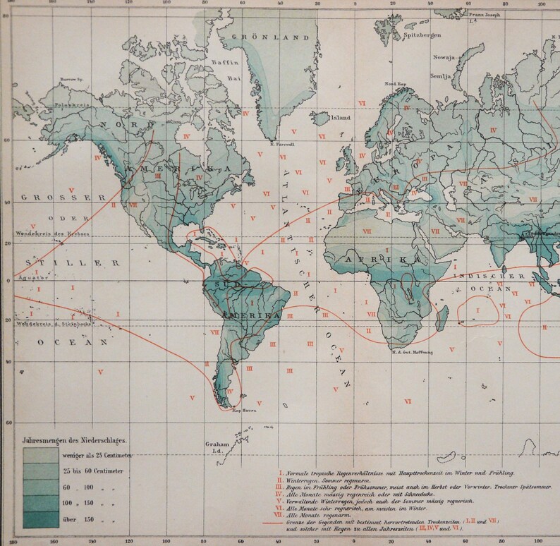 World Ranfall Map 1895 Antique World Map of METEOROLOGY. ANNUAL RAINFALL. Weather Map ...