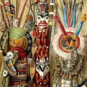 1897 Antique lithograph of AMERICAN INDIAN CULTURE. Native Americans. Ethnography. Anthropology. 127 years old print.