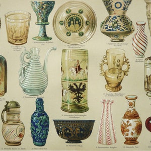 1897 Antique lithograph of MODERN STYLE GLASS, Pottery, Art Noveau, Galle Vases, Modernism, Antiques. 127 years old print