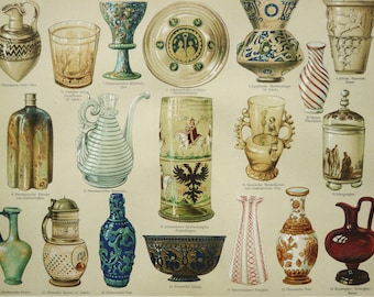 1897 Antique lithograph of MODERN STYLE GLASS, Pottery, Art Noveau, Galle Vases, Modernism, Antiques. 127 years old print