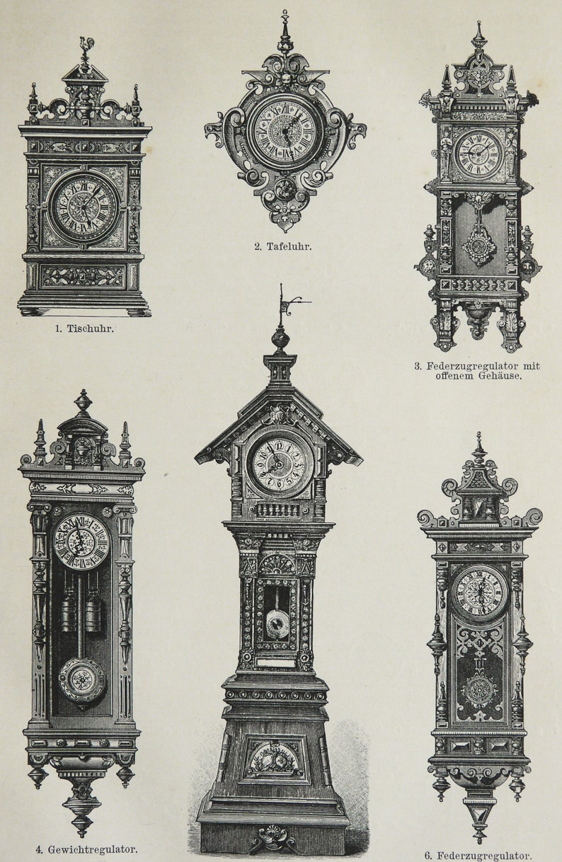 1895 Antique Print of PENDULUM CLOCKS, Different Types. Wall Clocks