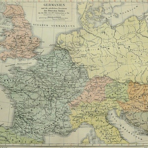 1897 ゲルマニア、ガリアのアンティーク地図。ローマ帝国。古代ローマ。マグナ ゲルマニア。127 年前の地図。アンティーク プリント。