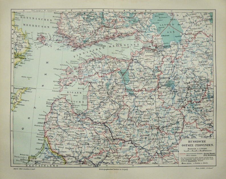 1897 Antique Map of THE BALTIC STATES: Estonia, Latvia, Lithuania. Baltic Nations. Baltic ...