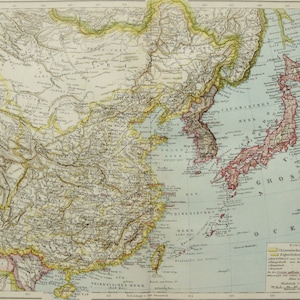 1895年 中国、日本、韓国の古地図。アジア。地理。129年前の地図