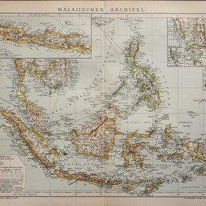 May include: An antique printed map titled Malaiischer Archipel featuring the Malay Archipelago, Indonesia, and the Philippines. The map uses muted beige, brown, and green tones to depict landmasses, islands, and surrounding seas with detailed text labels.