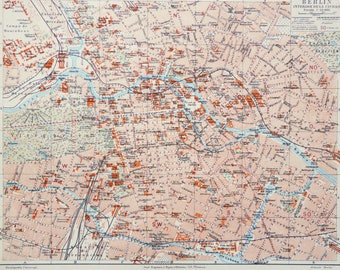 1900 Antique city map of BERLIN, GERMANY. 124 years old town map.