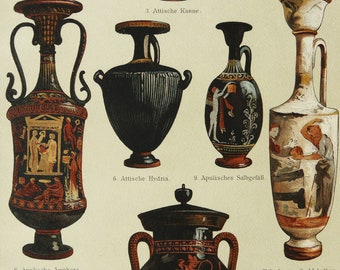 1897 Antique lithograph of ANCIENT GREEK VASES. Kraters. Ancient Greece Art. Archaeology. Athens. 129 years old print