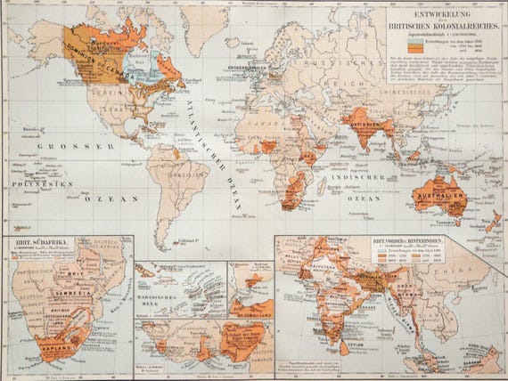 1897 Antique World Map of BRITISH COLONIES in Victorian Era