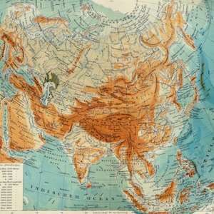 1911 年のアンティークのアジア、川、山の自然地図。地質学。ヒマラヤ。ビンテージ地理。113 年前の図表。アンティーク プリント。