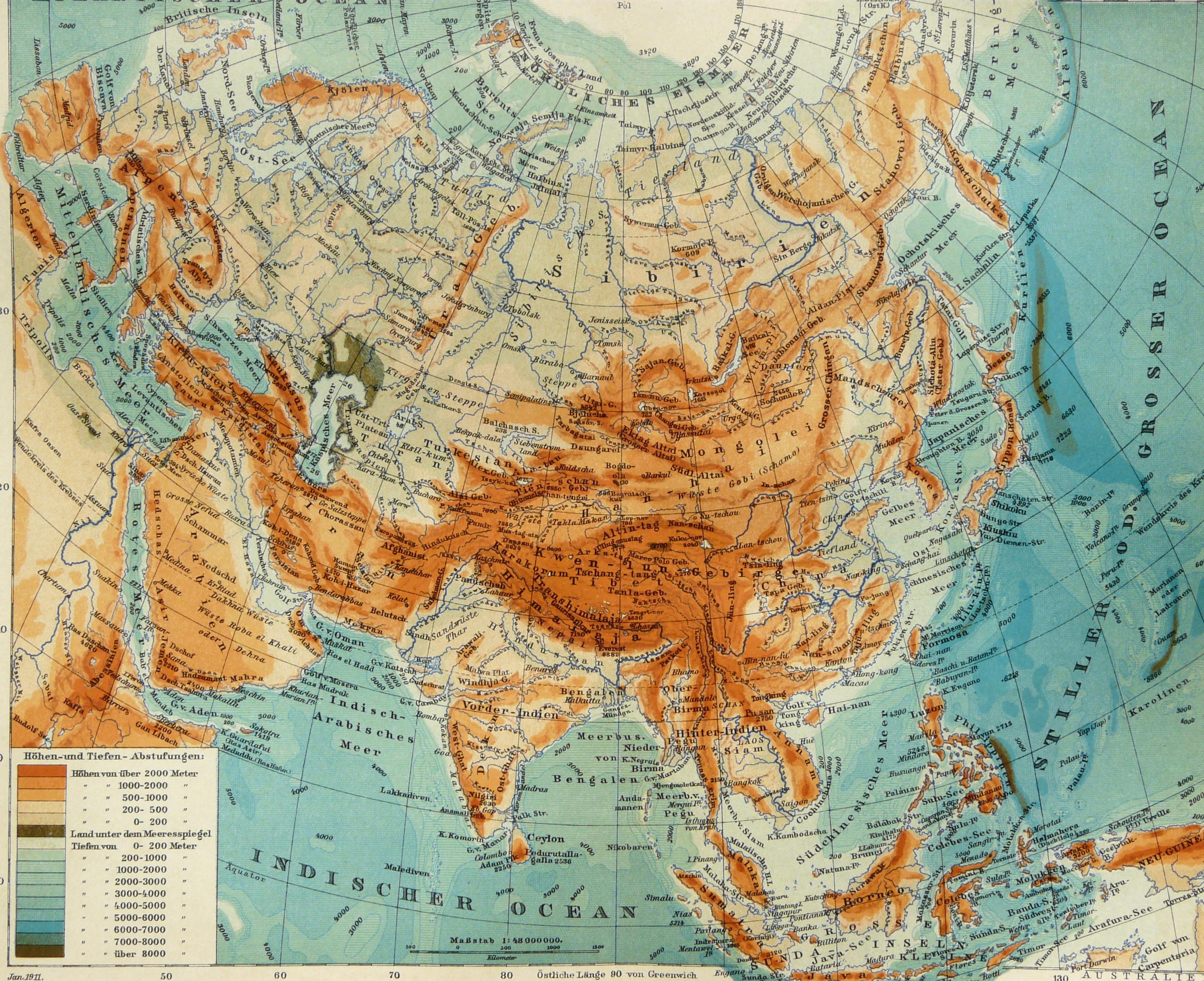 1911 Antique physical map of ASIA, Rivers and Mountains. Geology. Himalaya. Vintage Geography. 113 years old chart. Antique Print.