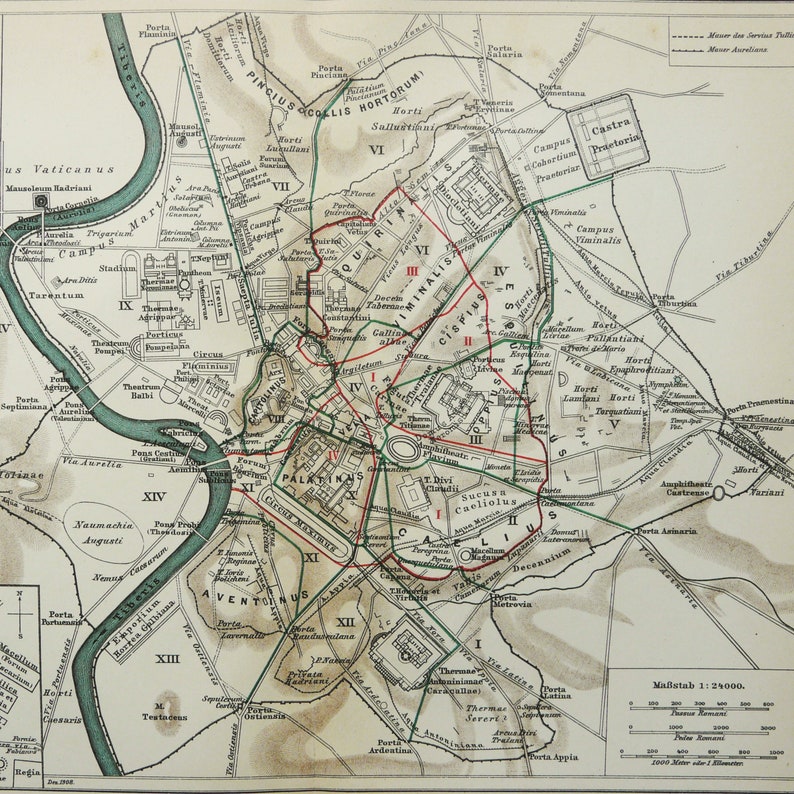 1895 Antique City Map of ANCIENT ROME. Roman Empire. 130 Years Old Town ...