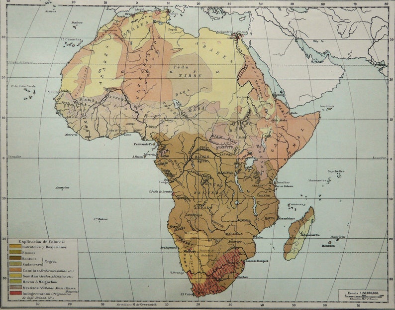 1900 Antique ETHNOGRAPHIC MAP of AFRICA. Ethnography. African People and Tribes. Colonial Era