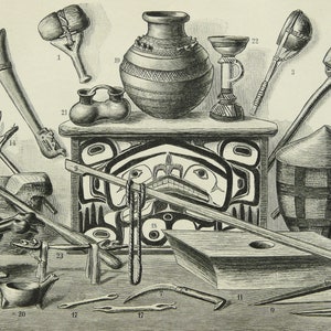 Può includere: Una collezione di manufatti nativi americani, tra cui una maschera in legno intagliata, un cesto intrecciato, un vaso di terracotta e vari strumenti. Gli oggetti sono disposti su un tavolo con una superficie in legno intagliato.
