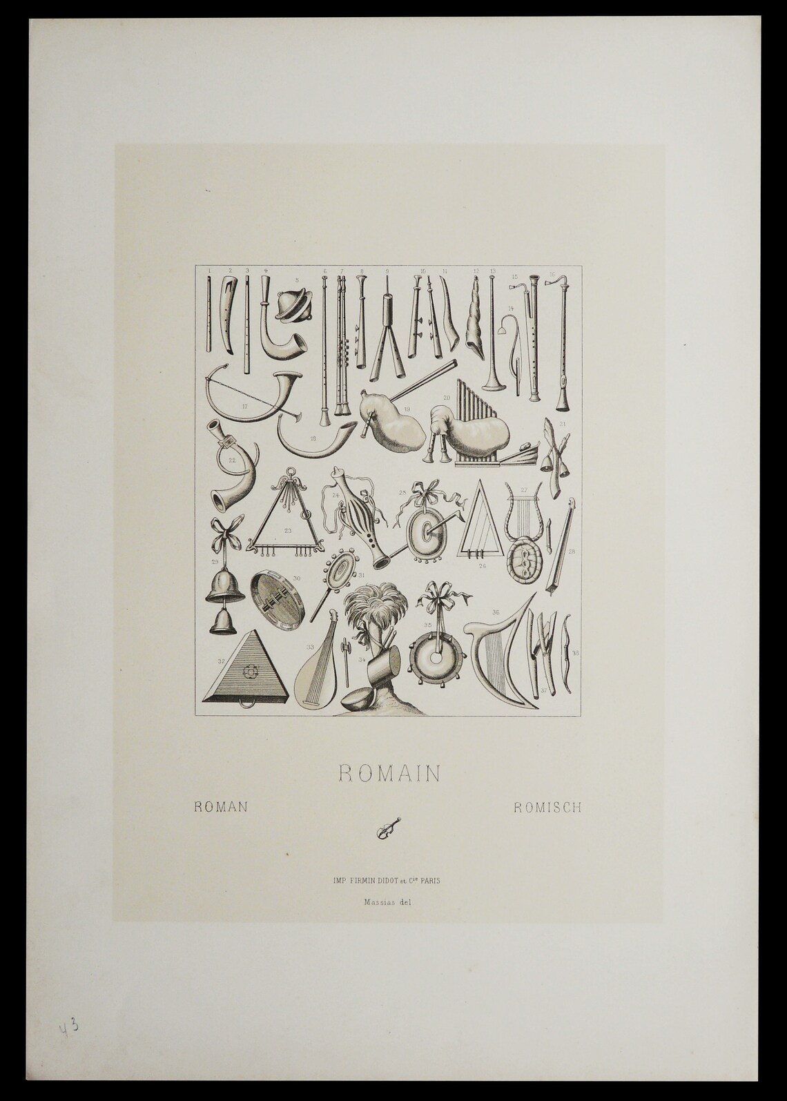 Instruments Rome Draw 1876 Antique Lithograph of ANCIENT MUSICAL INSTRUMENTS of the Roman ...