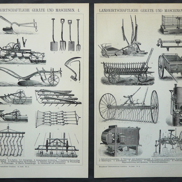 1895 Ensemble de 2 gravures anciennes de MACHINES AGRICOLES ANTIQUES. Agriculture, instruments, outils. Agriculture. Tracteurs. Gravures vieilles de 129 ans