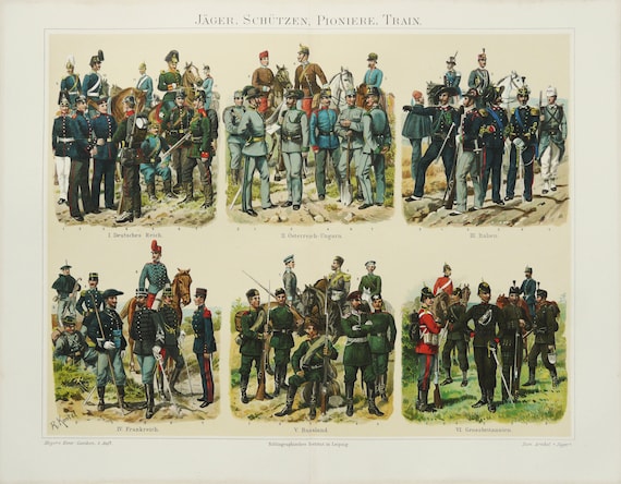 1897 年、19 世紀の兵士の制服を描いたアンティーク リトグラフ