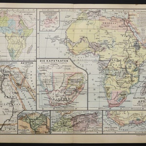 1889 植民地時代のアフリカのアンティーク地図。地理。135 年前の図表。