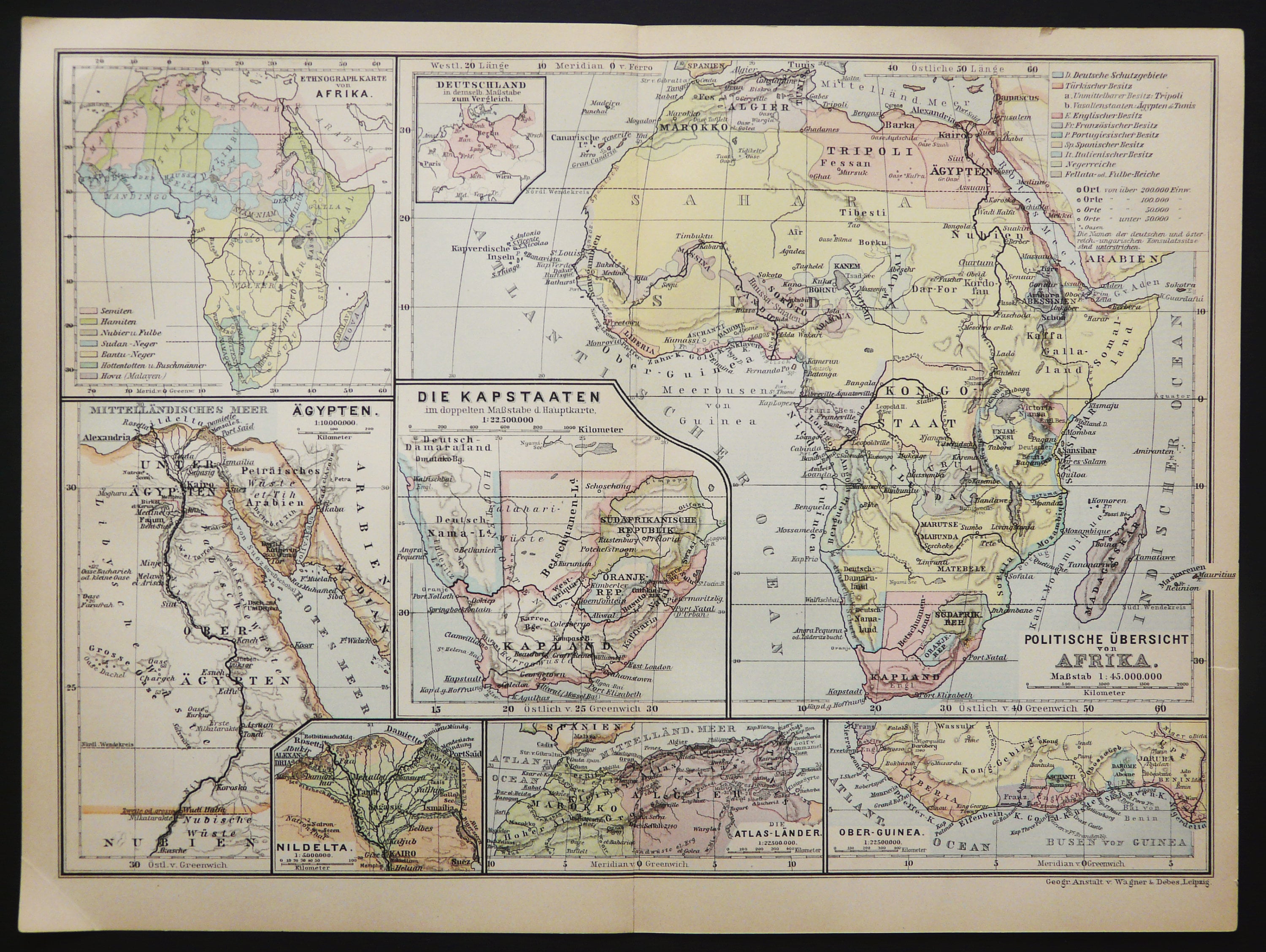 1889 植民地時代のアフリカのアンティーク地図。地理。135 年前の図表
