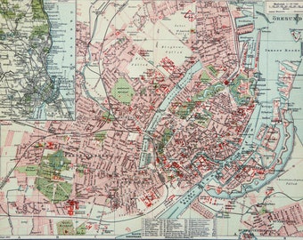 1909 Antique city map of COPENHAGEN, DENMARK. 115 years old town map.