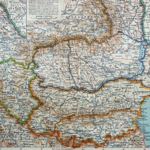 1911 Carte ancienne des BALKANS à l'époque des GUERRES DES BALKANS. Roumanie. Bulgarie. Serbie. Grèce. Turquie. Carte de 113 ans.