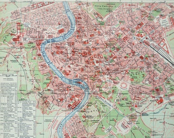 1895 Antique city map of ROME. ITALIA. 129 years old town map.