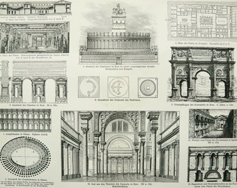 1897 Antique print of ANCIENT ROME ARCHITECTURE. Roman & Etruscan Architecture. Archaeology. Archeology. 127 years old engraving.